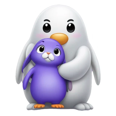 Purple bunny with floppy ears hugging a penguin sticker