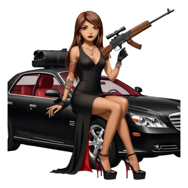 Lilith tan skin female red eyes symbol. Tattoo arms. Her hair is brown straight long hair.wearing sexy long sexy Chanel dress with slit. black stiletto thick platform high heels shoes on. Sitting on giant luxury car with cash inside . She is holding a sniper rifle in one hand cash in other hand sticker