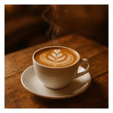 a steaming cup of coffee with latte art sticker