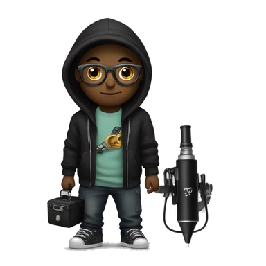 black cap, black hoodie and glasses boy  holding an tattoo machine sticker