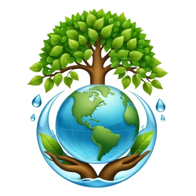 An icon featuring a tree, a recycling symbol, and a globe, representing ecology. The design includes green leaves, a water droplet, and wildlife, symbolizing the study of ecosystems, sustainability, and environmental protection. Transparent background. sticker