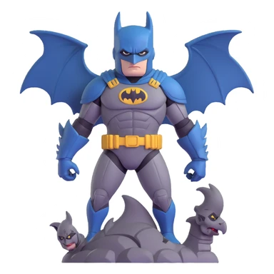 Batman in tactical armor suit with pointed ears, standing on gargoyle sticker