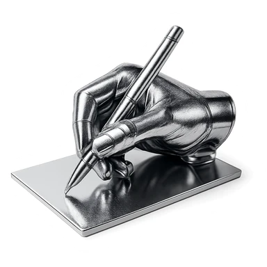 abstract chrome composition of a hand, pen, and paper, radiant and polished sticker