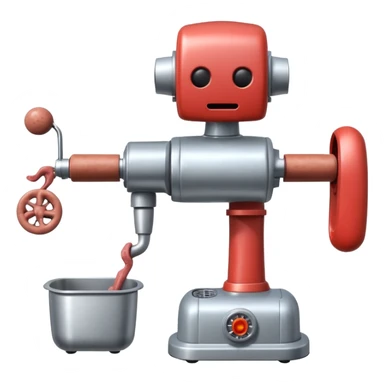 a robot that has a meat grinder for a head. 2 arms that stuff meat into the meat grinder and sausage links come out of the rear. The robot hovers sticker
