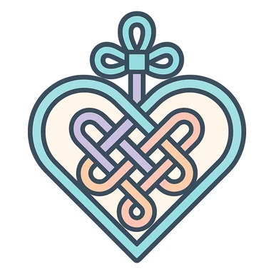 Chinese happiness knot in heart shape, icon-color-outlined style, detailed shadows and highlights, thin clean outlines, soft rounded shapes, pastel palette #98B5BC, #B5B3C1, #C9A3C9, #E4C0CA, #F7DCD1, #F7C0AA, modern Japanese pop art and sticker aesthetic, high detail, vector sharpness, soft lighting, transparent background sticker