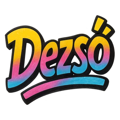Dezső name in modern colorful gradient font with dark outline, dynamic slanted or partial underline, in the style of reference patterns sticker