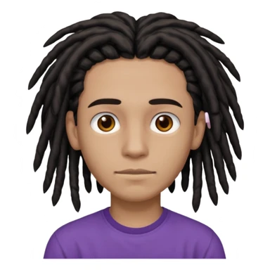 brown teen with black dreads in a middle part with brown eyes and a small faint mustache and purple shirt sticker