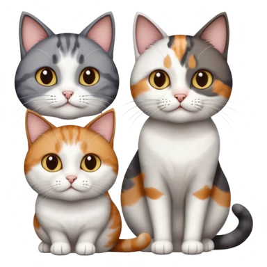 3 different coloured short haired cats including; a dark brown tabby and white cat, and a dark grey and white  sticker