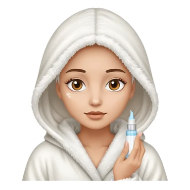 Woman wearing fluffy hooded robe with eye cream sticker