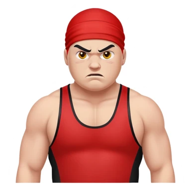 Close-up of white skin fat guy with young face, no muscle with prominent black durag, completely shaved face, no beard or mustache, black eyes in a red and black wrestling singlet with angry face sticker