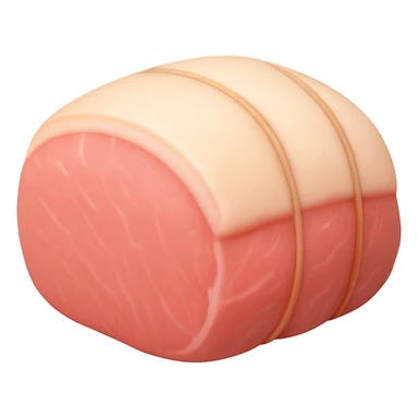 Create an image of a whole raw pork roast with a thick, rounded shape, light pink flesh, smooth slightly moist surface, creamy white fat cap on top, subtle marbling, optionally tied with simple butcher's twine. Remove any face or anthropomorphic features. No tray, garnish, or extras. The style should emulate the Apple emoji style with soft lighting and subtle shadows, emoji scale, and transparent background. sticker