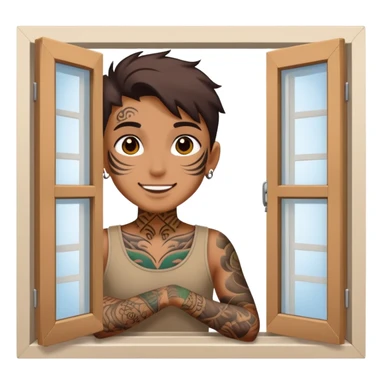 person with face tattoo looking out of window and he is opening shatters happy sticker