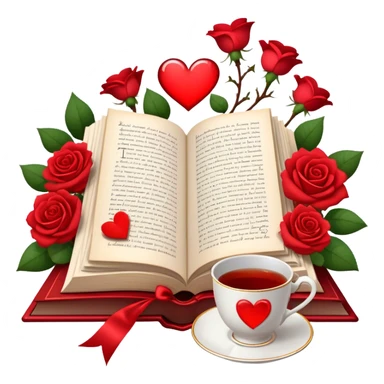 Icon for Romance Reading: an open book with a heart-shaped bookmark, surrounded by roses, a love letter, and a cup of tea, with small hearts and Cupid with bow and arrows flying out of the pages. Transparent background. sticker