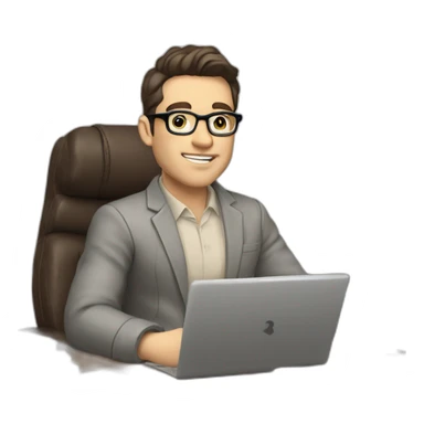Pale skinned Fit Man With dark brown hair in gray jacket with emblem Ψ, beige office shirt and vintage glasses sitting In a soft chair with a notebook and a pen in his hands sticker