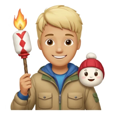 bşonde male with camping clothes holding marshmallow stick sticker