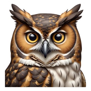 Cinematic Noble Great Horned Owl Portrait Emoji, Poised and regal, with a commanding, broad build and a richly mottled plumage of grays, whites, and subtle browns, deep-set soulful golden eyes, Simplified yet sharp and sophisticated features, highly detailed, glowing with a soft, dignified glow, high shine, intelligent and enigmatic, stylized with an air of nocturnal majesty, focused and attentive, soft glowing outline, capturing the essence of a watchful and confident raptor, so majestic it feels as though it could silently swoop out of the screen with effortless authority! sticker
