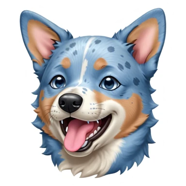 Cinematic Cute Yawning Blue Speckle Australian Cattle Dog Portrait Emoji, Head tilted slightly with a dramatic, wide-open yawn, showcasing a sleek blue speckle Fur with distinct markings, floppy ears slightly drooping, round blue eyes barely open in drowsy contentment, Simplified yet irresistibly adorable features, highly detailed, glowing with a soft, cozy glow, high shine, relaxed yet expressive, stylized with a touch of whimsy, bright and endearing, soft glowing outline, capturing the essence of a sleepy yet affectionate herder, so drowsy it feels like it could stretch out of the screen and curl up for a nap! sticker