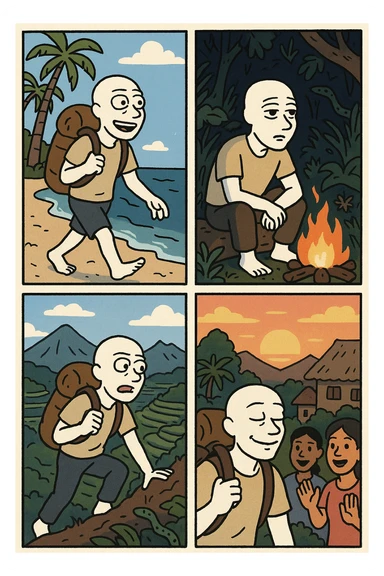 Create a wojak-style comic book with four panels, telling the story of a bali nomad's adventure sticker