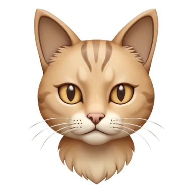 A cat with ears pinned back, showing fear or slight aggression, soft brown and beige fur, minimalist warm-toned background, calm but tense posture, gentle light, flat illustration or soft 3D style sticker