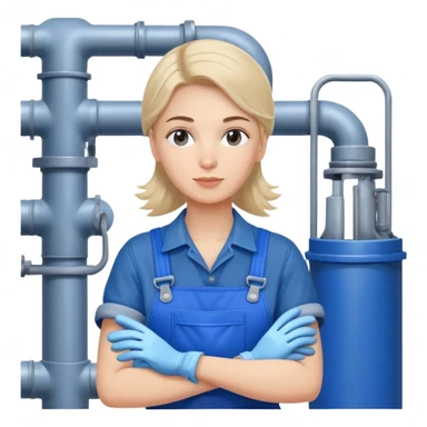 Russian factory worker gender neutral in blue overalls with gloves industrial background sticker