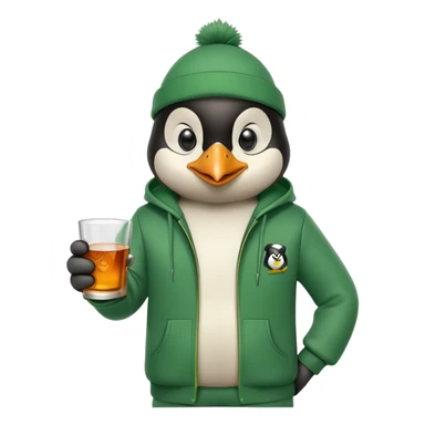 head and shoulders portrait of a friendly anthropomorphised penguin wearing a green mafia-style tracksuit, angry confident scheming expression, holding a glass of whiskey sticker
