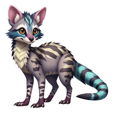 Feral Rare Fantasy dark colorful pastel vibrant tropical Vernid-Sergal-Genet-Trico-species by LiLaiRa, random markings, tufted tail, tufted ears, full body sticker