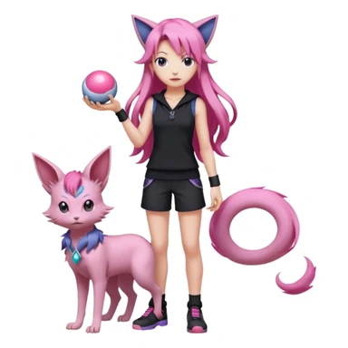 Female pokemon trainer, with long pink hair and wearing black. She’s standing confidently holding a pokeball and espeon by her feet  sticker
