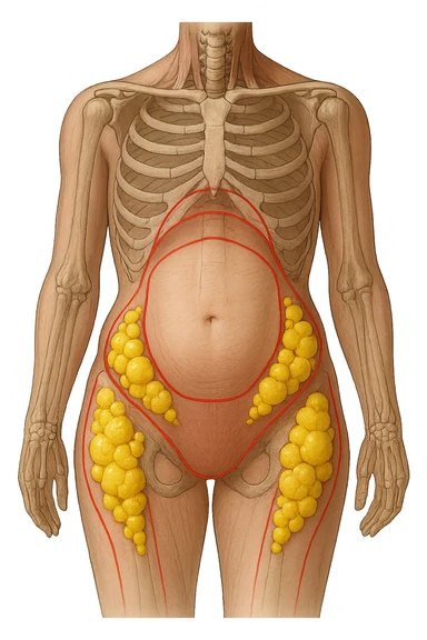 corpo umano anatomico con addome e fianchi segnati in rosso, grappoli di cellule adipose gialle su fianchi e addome sticker