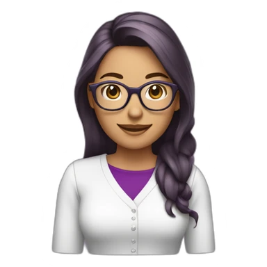 mujer con piel de color blanco con gafas camisa morada sonriente cabello corto y de color marron con un computador sticker