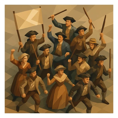 isometric illustration of 18th century protesters, full body, period-appropriate clothing, hats, banners, dynamic crowd, no text sticker