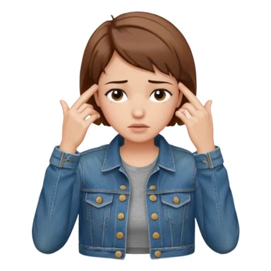 a woman with a brown short hair, looking at the left, facepalming, wearing a denim jacket, only upper body, high quality sticker