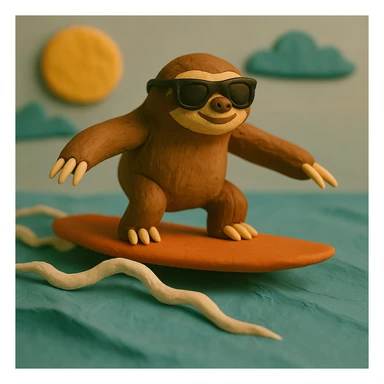 Add sunglasses to the sloth while surfing in claymation style. sticker