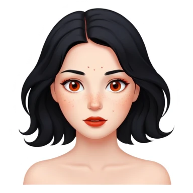 woman with flowing black hair, natural makeup, and prominent red freckles on face sticker