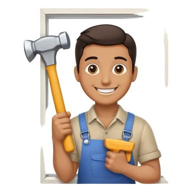 Мастер который ремонтирует окно смотрит и улыбается. В руках держит каучуковый молоточек для ремонта окна sticker