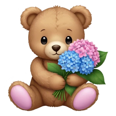 light brown teddy bear holding a pink and blue hydrangea bouqet sticker