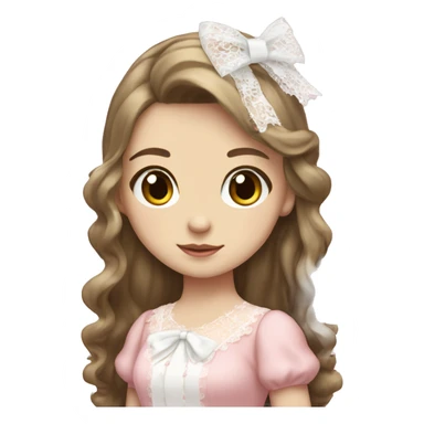 full body, girl standing, pale skin, long brunette hair, wearing lolita pink dress with white lace, wearing a pretty white bow on top of her head sticker