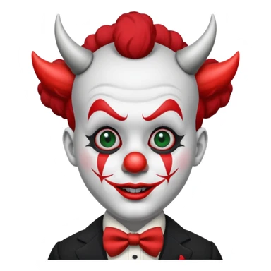Crea un payaso con cara blanca que tenga en la frente una a en la cabeza, tengo unos cuernos negros y que en el cuerpo tengo un traje negro con rojo sticker