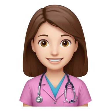doctor, pink, she, hair brown, eyes brown, scrub baby pink, white skin, long hair, smile  sticker