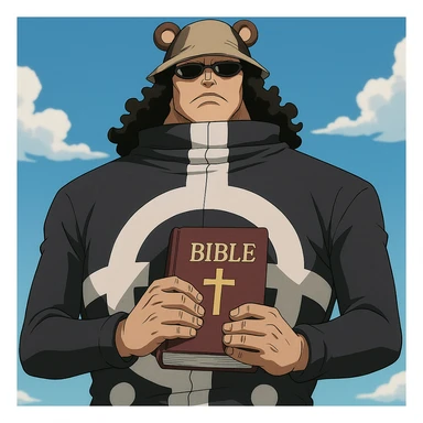 Bartholomew Kuma from One Piece, standing with Bible book, bear hat, sunglasses, anime style sticker