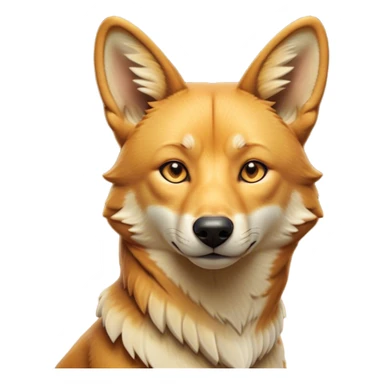 Cinematic Noble Dingo Portrait Emoji, Poised and regal, with a lean, agile build and a short, sandy-tawny fur that speaks of the wild outback, deep-set soulful amber eyes and alert ears, Simplified yet sharp and sophisticated features, highly detailed, glowing with a soft, dignified glow, high shine, intelligent and resourceful, stylized with an air of untamed elegance, focused and attentive, soft glowing outline, capturing the essence of a watchful and confident wild canine, so majestic it feels as though it could trot out of the screen with effortless authority! sticker