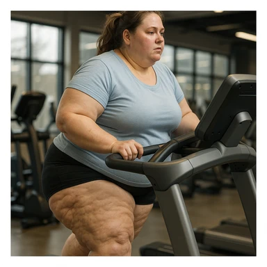overweight woman doing cardio on treadmill, stubborn fat on legs and thighs, hyper realistic 4K style, realistic details, gym background sticker