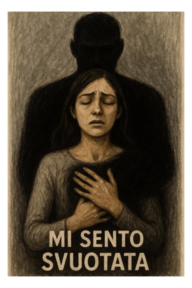 Vertical format: A woman with closed eyes and hands on her chest, a dark shadow enveloping her coming from the man, text in Italian: 'Mi sento svuotata'. sticker