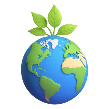 Green leaf on top of a round Earth globe, simple background, soft light sticker