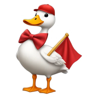 White goose wearing a red baseball cap and, bow tie on neck, holding big red flag, whole body sticker