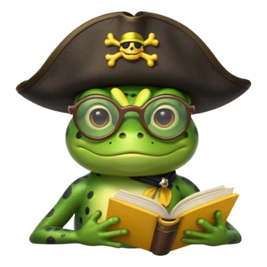 frog wearing pirate hat with glasses and yellow book sticker