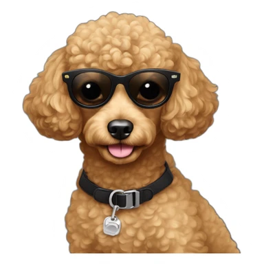 The muzzle of the little toy poodle is carmel-colored in black sunglasses , name Valli on the neck sticker