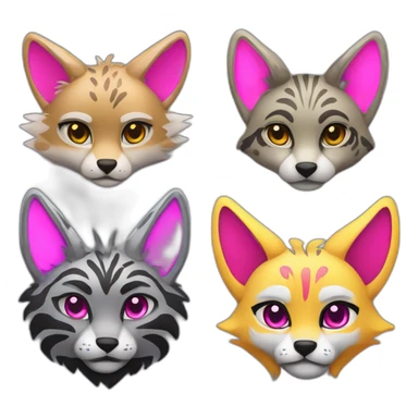 Coyote with grey and black fur, neon lights, ocelot with pink ears, clouded leopard, ocelot coyote hybrid with Phoenix wings sticker