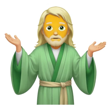 an old man, green eyes, long blonde hair, light green wide, flowing outer robe. opening arms, gazing thoughtfully. Soft light, subtle fern. Waist-up, profile. sticker