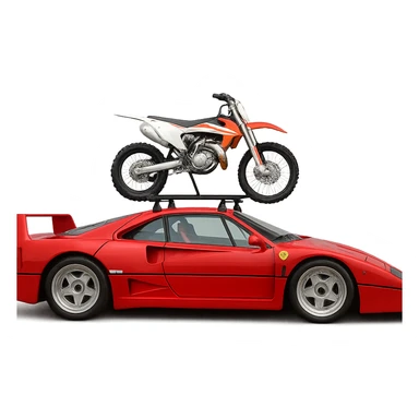 A Ferrari F40 with a single 125cc dirt bike mounted on a visible roof rack, dirt bike to proper scale, transparent background sticker