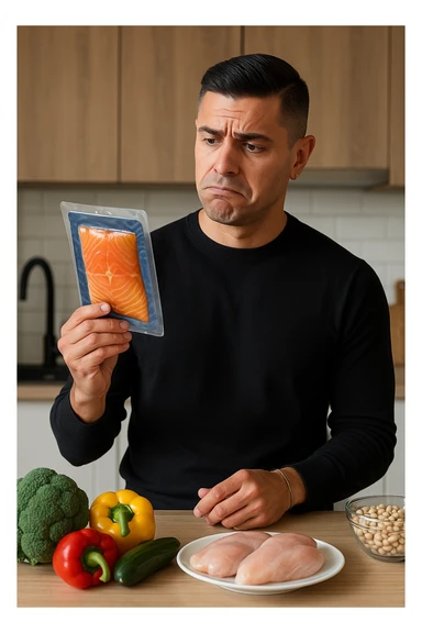 a man stands in his kitchen, holding a package of smoked salmon in one hand. He looks at it with a doubtful, slightly disapproving expression—eyebrows raised and lips pressed together. On the counter behind him, fresh vegetables and healthier protein options are visible, emphasizing his awareness of better choices. The mood is reflective and subtly critical. sticker